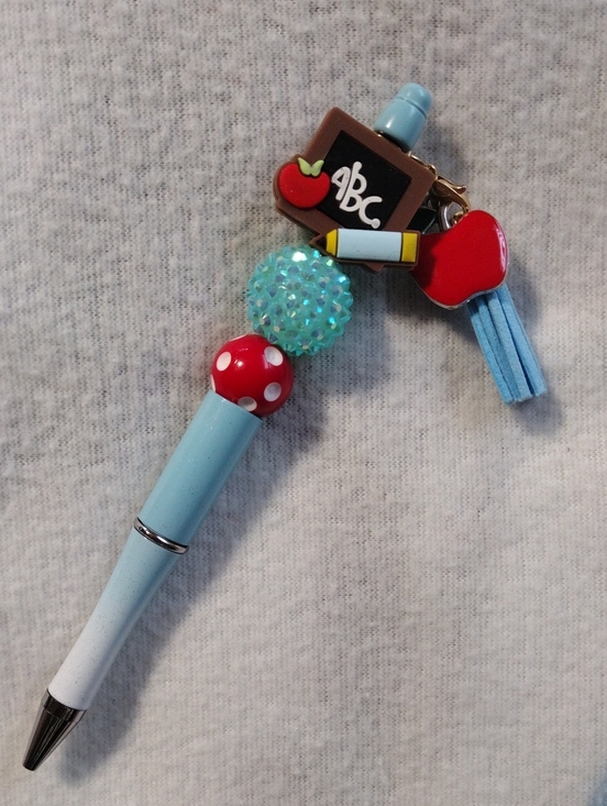 Handcrafted Other - Light Blue School-Themed Decorative Pen with Apple and Chalkboard Charms